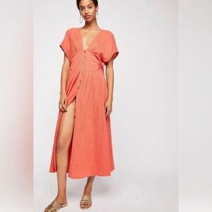 FREE PEOPLE Gauze Cotton Coral Button-Down Maxi Dress w Side Ties